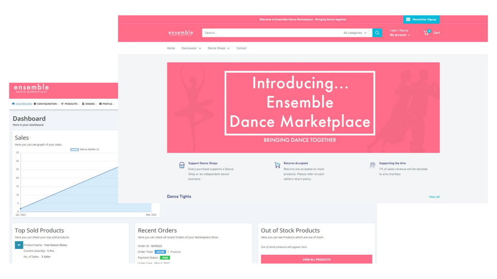 Screenshots of Ensemble dance marketplace homepage and seller dashboard.